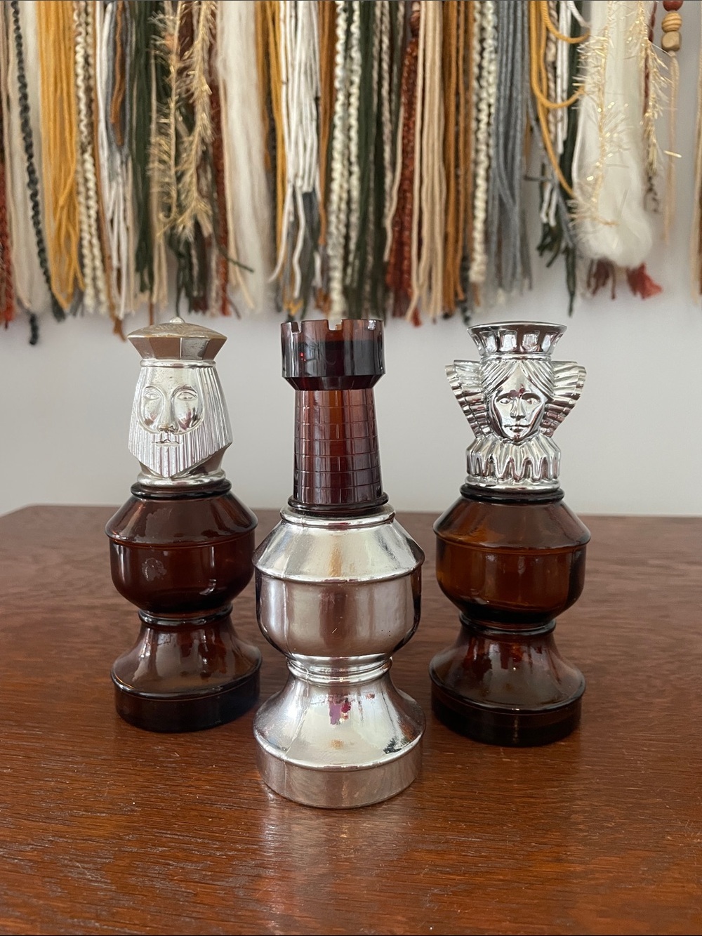 Set of Three Decorative Chess pieces from Avon - 70’s Brown & Silver